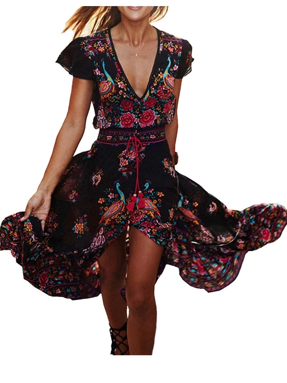 Black Floral Maxi Dress with Pink & Red Accents